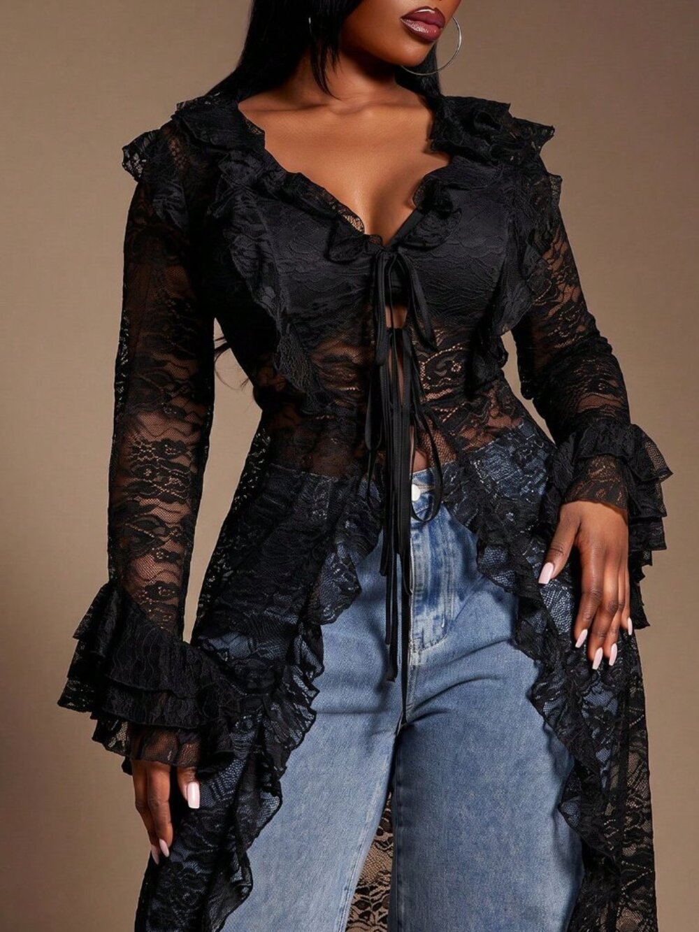 Black Sexy Women's Elegant Asymmetrical Ruffle Trim Long Jacket